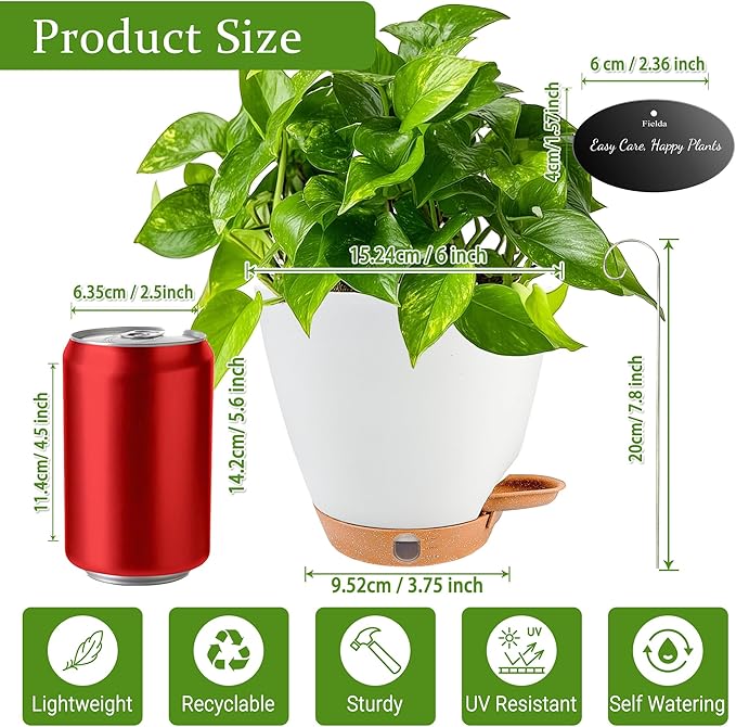6 Inch Self Watering Pots for Indoor Plants(5-Pack) – Small Plastic Planters with Water Level Window, Drainage Holes & Detachable Trays, Indoor Outdoor Flower Pots for Herbs, Snake,Pothos(White)