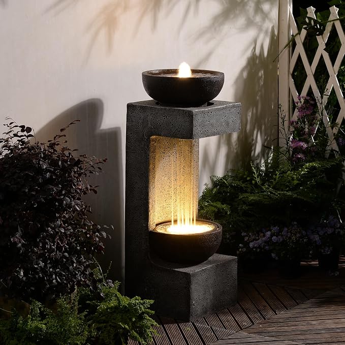 Garden Outdoor Water Fountain with LED Lights – 33.9" Resin Rain Curtain Water Feature with Bowl, Modern Freestanding Garden Waterfall Fountain for Patio, Porch, Balcony or Yard Décor, Grey