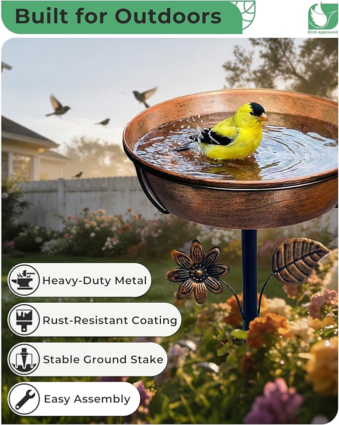Metal Bird Bath for Outside, 3" Deep 12" Dia Removable Bowl, 36" H Garden Bird Bath | Stable 5-Prong Stake, Rust-Resistant, Easy Clean Outdoor Birdbath for Yard Lawn Patio