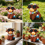 Solar Garden Statues Highland Cattle with Flower and LED Lights Birthday Gifts for Women Mom Grandma Solar Outdoor Decor for Patio Backyard Yard Lawn Decoration-Unique Housewarming Gifts