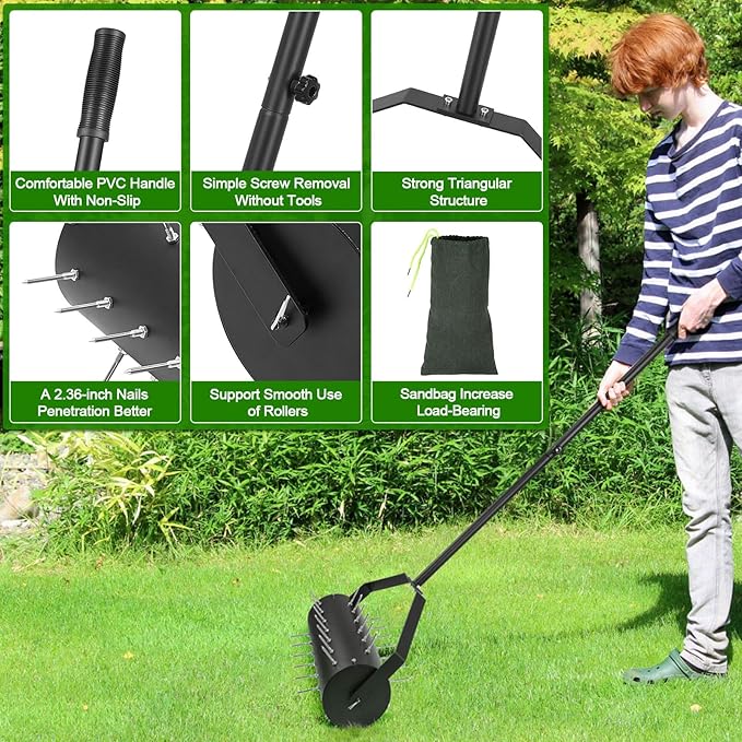 18-inch Rolling Lawn Aerator Tool, 50"-70" Handle Heavy Duty Spike Aerator with Sandbag, 40 Iron Spikes Tighten with Patience, Manual Rolling Aerator Lawn for Yard Garden
