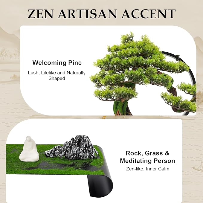 Zen Artificial Bonsai Tree with Adjustable LED Light Ring, Realistic Simulation Welcome Pine with Buddha Statue Decoration, Faux Potted Plant for Living Room Office Studies Meditation