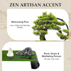 Zen Artificial Bonsai Tree with Adjustable LED Light Ring, Realistic Simulation Welcome Pine with Buddha Statue Decoration, Faux Potted Plant for Living Room Office Studies Meditation