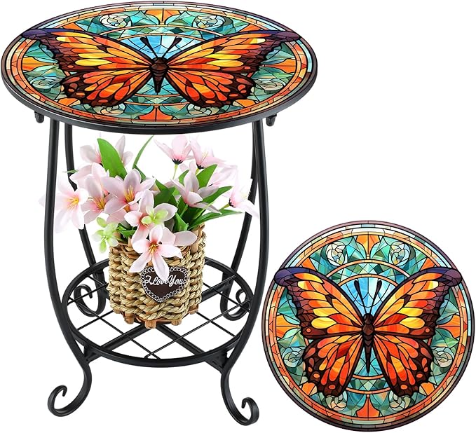 Outdoor Side Table Round Small Mosaic Patio Accent Indoor End Plant Coffee Tea Table for Yard Patio Porch Garden Living Room, Bedroom(Butterfly B Style,18 Inch)