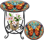 Outdoor Side Table Round Small Mosaic Patio Accent Indoor End Plant Coffee Tea Table for Yard Patio Porch Garden Living Room, Bedroom(Butterfly B Style,18 Inch)