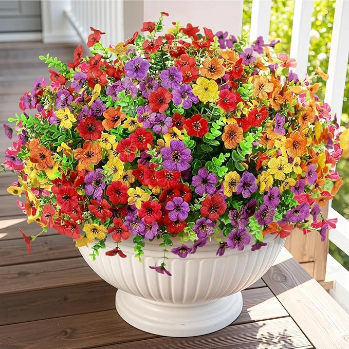 Artificial Outdoor Flowers, Realistic UV Resistant Waterproof Faux Plants, Full Looking Fake Flowers for Porch Planters Hanging Baskets Garden Patio Yard Outdoor Decor, 12 Bundles 4 Colors