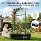 2 in 1 Galvanized Raised Garden Bed with 71" H Arch Trellis for Climbing Plants, Outdoor Gardening Planter Box with Climbing Net for Flowers Vegetables Fruits Herbs, Black