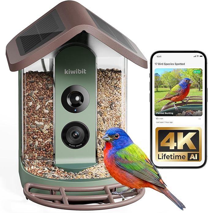 Kiwibit Solar Smart Bird Feeder with Camera No Subscription, AI Bird Species Identification, 4K UHD Live Video & 8MP Photos, Wireless Outdoor Wild Bird Watching Gifts for Bird Lovers, Brown