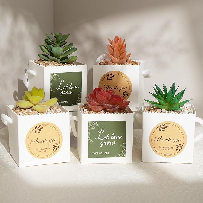 Temlum 2.5 Inch Succulent Wrap Bags (Fits 2.5″ Pots) with Thank You & Let Love Grow Stickers, Small Gift Box for Wedding, Baby Shower, Succulent Party Favors for Guests (White 100pcs)
