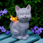 Solar Garden Statue Cat with Glowing LED Butterfly, Waterproof Resin Outdoor Decor Light, Whimsical Yard Art for Patio Balcony Porch, for Mom Women Friends
