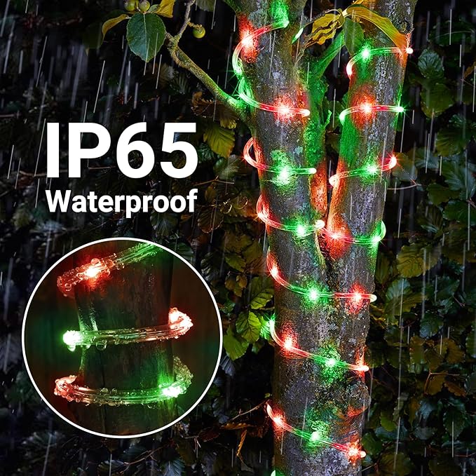Solar Rope Lights, 2 Packs Total 132ft 400LED Solar String Lights, 8 Modes Waterproof Solar Powered Outdoor Light, Flexible Clear Tube Light for Garden Yard Patio Deck Porch Tree Xmas Decor -Red&Green