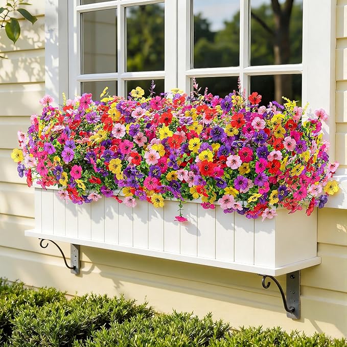 SHareconn 48 Bundles Artificial Flowers for Outdoors Decoration, Faux Plants Fake Silk Colorful Daisy Eucalyptus Lavender, UV Resistant for Outside Home Porch Indoor Spring Decor, 6 Colors incl. Red