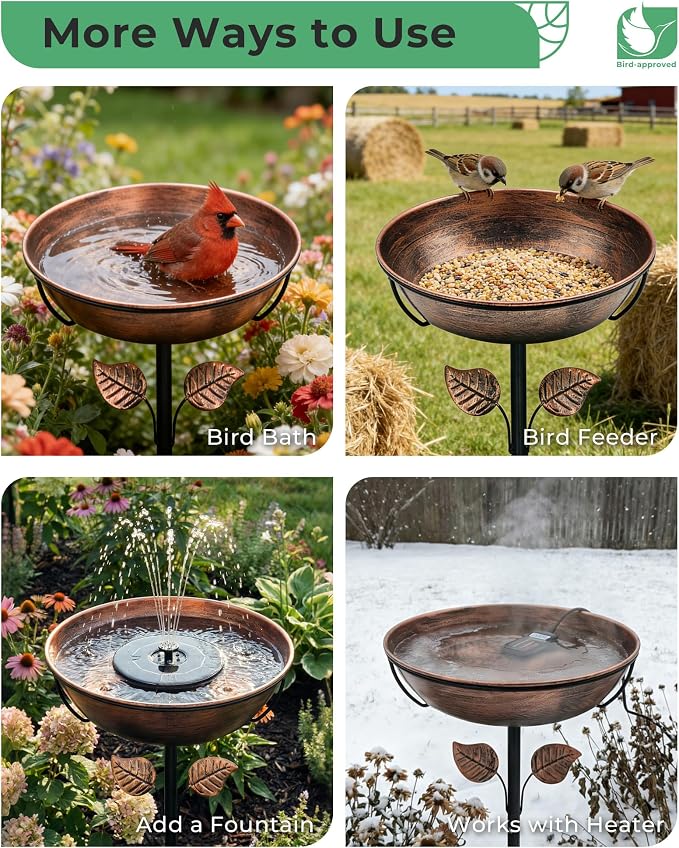 3" Deep Metal Bird Bath for Outdoors, Removable 13" Dia Bowl with Stable Upgrades Stake, Easy to Clean Birdbaths for Garden Yard Lawn Decor 1.4 Gallon