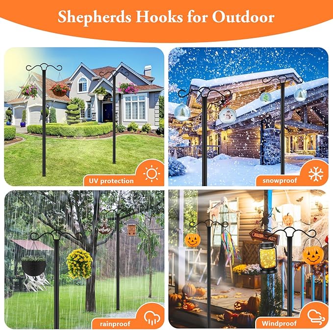 SINLEY Double Shepherds Hook for Outdoor with 5 Prong Base Heavy Duty Two Sided Bird Feeder Pole for Hanging Lantern,Hummingbird Feeder,Lightweight Plant,Shepherds Hook (4 Pack 90 inch)