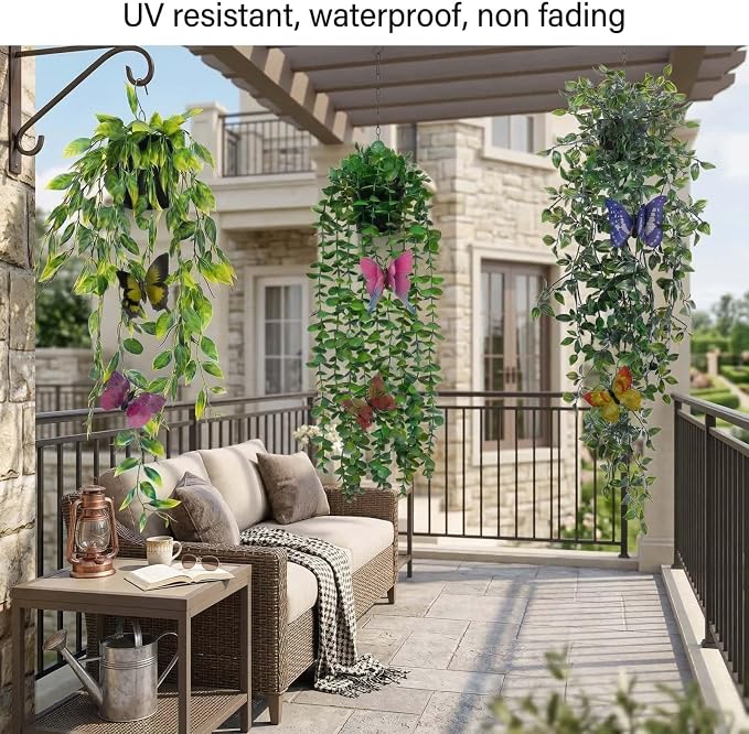 3 Pack Fake Plants Indoor Outdoor with 6 Butterflies – Small Artificial Potted Hanging Plants for Shelf, Balcony, Patio & Wall Decor | Faux Plants for Living Room, Bedroom, Office, Porch