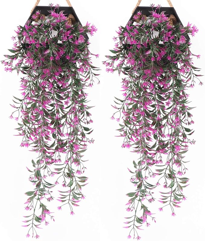 Artificial Hanging Ivy, PASYOU Vine Plastic Plants Grass Leaves Foliage Vines, UV Resistant Greenery Fake Flowers for Home Indoor Outdoor Garden Door Wall Wedding Party DIY Decoration - Fuchsia 4 Pack