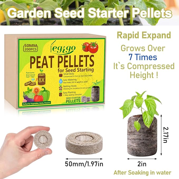 Legigo 200 Pcs 50mm Seed Starter Peat Pellets for Seedlings- Compressed Seed Starter Pods Seed Starting Pellets Plugs Soil Peat Pods for Starting Seeds, Garden Planting Herb Flower Vegetables