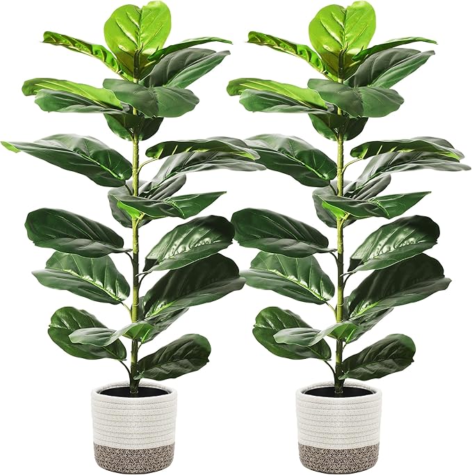 Suntee 2 Pack Artificial Fiddle Leaf Fig Tree, 30" Ficus Lyrata Fake Plants with Cotton Rope Basket, Floor Plant Outdoor Faux Plants for Living Room, Corner, Office, Patio, Windowsill Decor