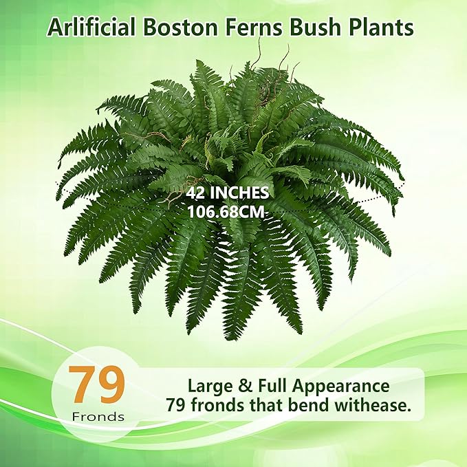 42In Artificial Boston Ferns Bush, Set of 2 Large Faux Ferns Plants, 79 Branches Fake Ferns for Home Living Room Decor, Indoor and Outdoor.