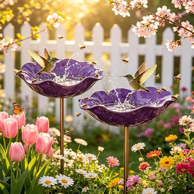 Metal Flower Garden Stakes Bird Bath, Decorative Outdoor Bird Feeder for Garden Yard Art, Handmade Rustproof Metal Flower Stakes for Attracting Birds Backyard Lawn Patio Decorations (Purple)