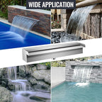 Pool Waterfall Fountains, Stainless Steel Rectangular Pool Waterfall Spillway with Pipe Connector for Indoor/Outdoor Decorative (17.7 Inch)