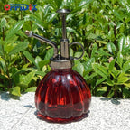 OFFIDIX Plant Glass Spray Bottle,Flower Mister Indoor Plant Watering Can Pot 6.3" Tall Vintage Pumpkin Style with Bronze Plastic Top Pump One Hand Small Watering Cans for House Plants(Red)