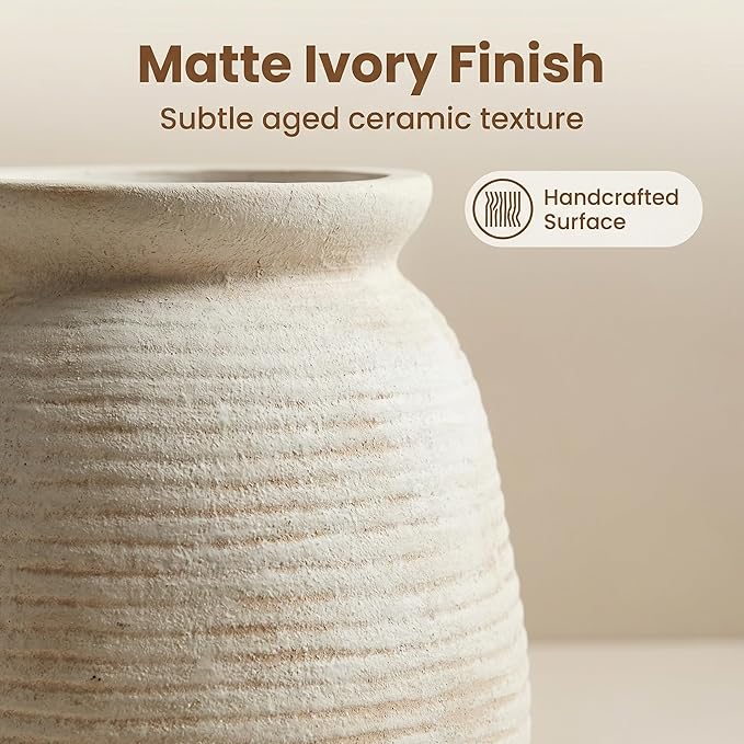 Rustic Terracotta Pot, 7 Inch Short Farmhouse Vase with Weathered Texture Off-White, Boho Home Decor for Pampas Grass, Tabletop, Mantel and Shelf Styling
