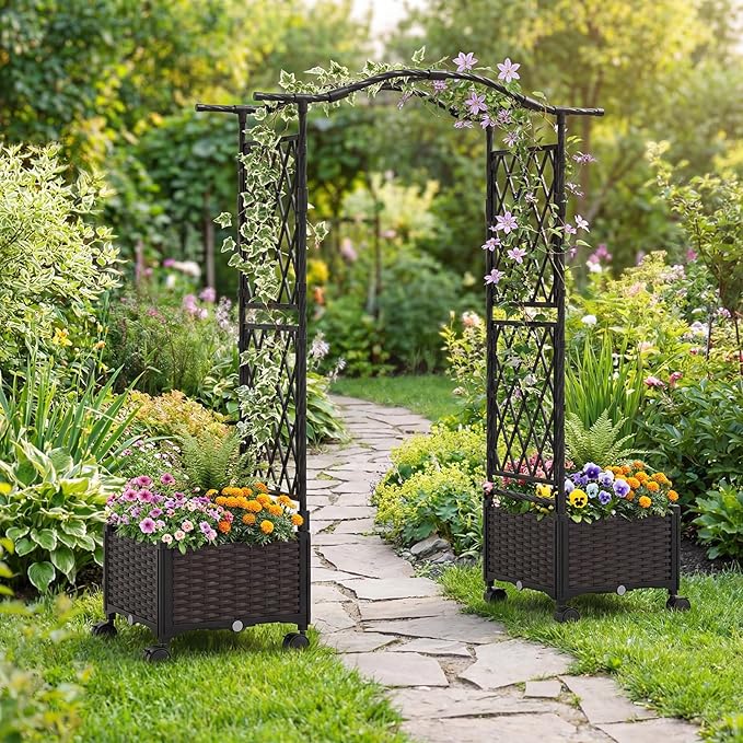 Giantex Planter Boxes with Arch Trellis, 5FT Self-Watering Tall Raised Garden Bed w/Wheels, Hanging Roof & Drainage Holes, Outdoor Indoor Tomato Planter for Climbing Vines Vegetables (60"x16"x58")