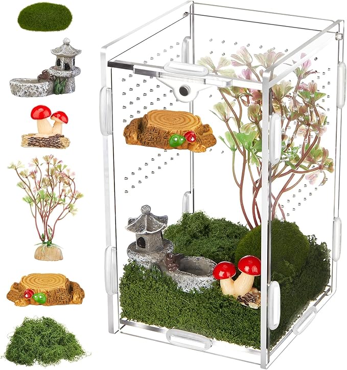 Jumping Spider Enclosure with Habitat Mini Figurines Set Acrylic Terrarium Habitat Mini Jumping Spider House Decorations for Tarantulas Snail Mantis Small Reptiles (Top Opening Door)