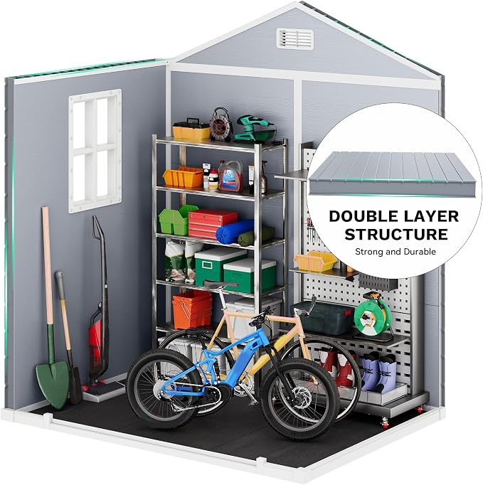 DWVO 6x4.4 FT Outdoor Storage Shed with Fence-Style and Side Windows, Lockable Door, and Vents Resin Storage Shed for Garden Backyard Patio Lawn