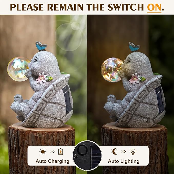 Solar Turtle Statues Garden Decor with Bubble LED Light, Outdoor Tortoise Statue Resin for Patio, Lawn, Yard Gift for Mother's Day, Birthday, Housewarming