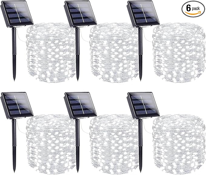 6 Pack Solar String Lights Outdoor, Extra-Long 600LED Solar Fairy Lights Outdoor Waterproof, Solar Twinkle Lights Silver Wire 8 Modes Solar Outside Lights for Xmas Tree Party Wedding (Cool White)