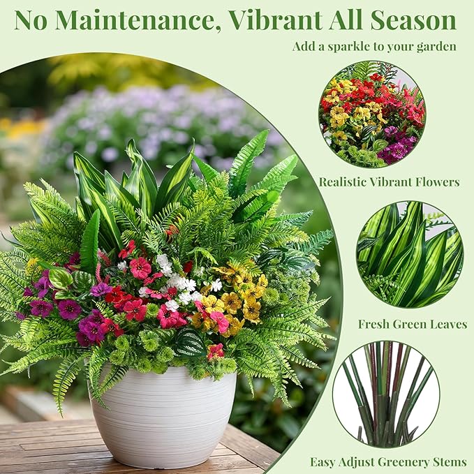Alupssuc 24 Pcs Artificial Plants Flowers for Outdoors, Realistic Faux UV Resistant Greenery & Silk Flowers,Fake Plastic Shrubs Stems No Fade for Indoor Outside Garden Patio Spring Planter Home Decor