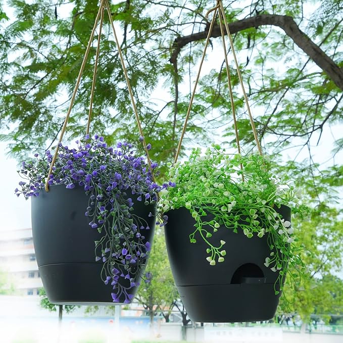 SwinDuck 8 inch Hanging Planters, 2 Pack Self Watering Hanging Pots with 20oZ Deep Reservoir for Indoor Outdoor Plants Flowers, Black
