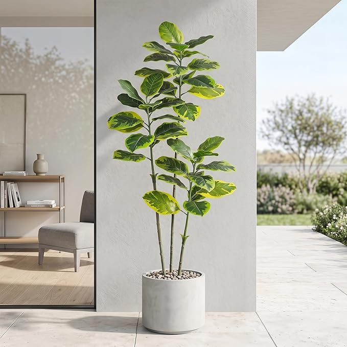Ficus Tree Artificial Plants Indoor, 5FT Tall Fake Trees in White Pot, Large Potted Silk Floor Plant Artificial Trees, Green Lifelike Faux Ficus Tree for Home Room Office Porch Decor-Yellow