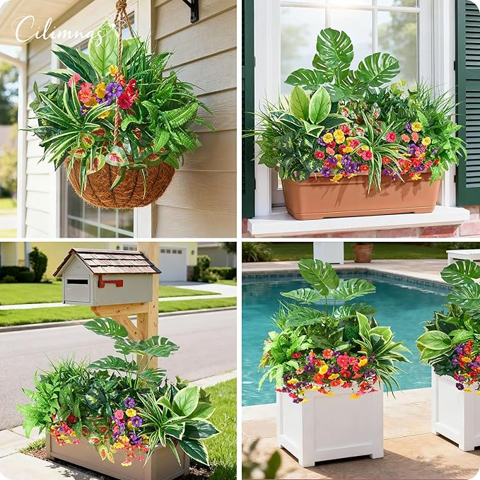 Artificial Plants Outdoor,30PCS UV Resistant Fake Greenery&Flowers with Stems Faux Plant Outside for Front Proch Garden Patio Planters Window Boxes Home Decor(Not Included Planter)
