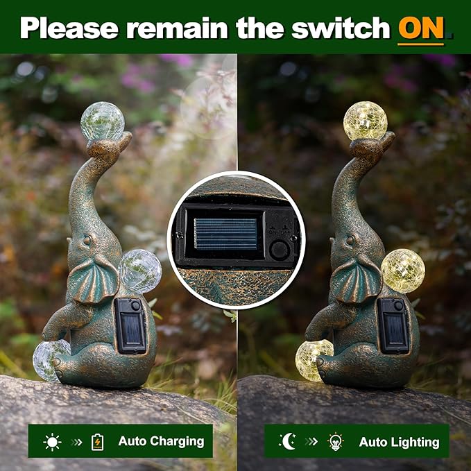 Solar Elephant Statue Outdoor Decor with 15 LED Crackle Ball, Garden Patio Sculpture Light, Waterproof Lucky Elephant Gift for Mom, Housewarming, Birthday, Yard & Porch Decoration