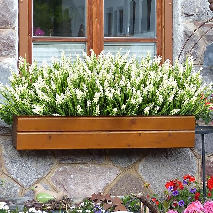 Waipfaru 20 Bundles Artificial Plants Outdoor,Fake Flowers UV Resistant Outdoor Fake Plants,Faux Lavender Shrubs for Window Garden Patio Hanging Planter Pathway Front Porch (White)