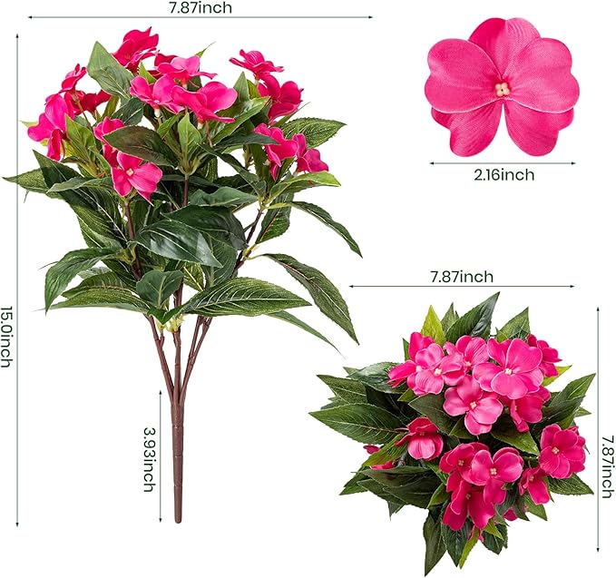Nigirior Artificial Fake Flowers for Outdoor Décor 6 Bundles UV Resistant Fake Plants for Planter Faux Impatiens for Home Porch/Garden Stunning（Red/Rose Red/Purple）