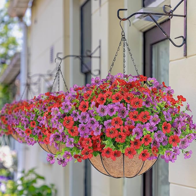 Artificial Flowers Hanging Plants in Basket,Artificial Hanging Flowers for Spring Outdoor Indoor Decor,UV Resistant hanging Baskets with Fake Flowers for Summer Patio Garden Porch Deck Home Decor
