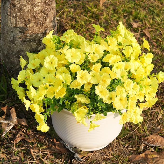Fanfantoey Artificial Flowers for Outdoor, UV Resistant Fake Plants Outside Decoration, 14 Pcs Realistic Silk Morning Glory Faux Flowers for Porch Patio Gardens Home Decor(Yellow)