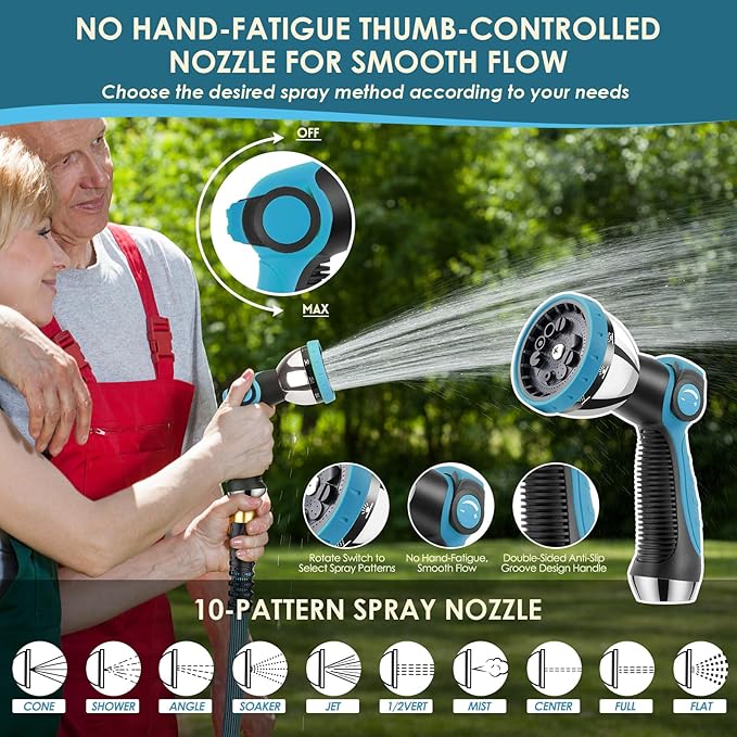 NON-EXPANDABLE Garden Hose 75 ft, Ultra Lightweight Flexible Water Hose with 10-Pattern Nozzle & Shut-Off Valve, Holder, Leakproof & Kink-Resistant Reinforced Fittings for Yard Outdoor