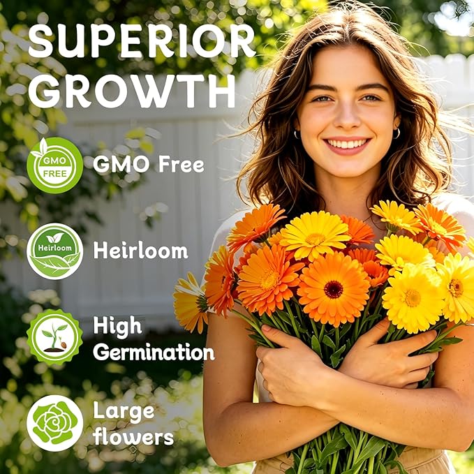 LUOJIBIE Calendula Seeds, Calendula Seeds for Planting Outdoor & Indoor, 4,000+ Pacific Beauty Mix Annual Flower Seeds Bulk, Non-GMO Flower Seeds, Large Blooms, Easy to Grow