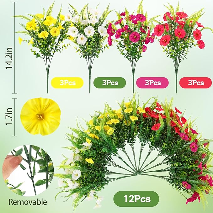 Artificial Flowers for Outdoors 12 Bundles Artificial Petunias Fake Flowers UV Resistant Shrubs Plants with Fern for Indoor Outside Hanging Planters Home Garden Spring Summer Decorations