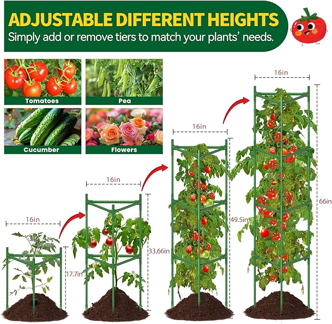 2 Pack Large Tomato Cage for Garden Up to 49" H X 16" W Metal Plant Support Stakes with Clips Triangle Pea Cages Cucumber Trellis for Vegetables Pots Vines Flowers Climbing Plants