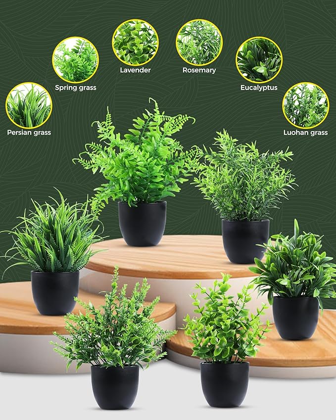 Clearain Fake Plants 6 Packs Artificial Plants Small Faux Plants Black Bathroom Accessories for Bathroom Home Kitchen Coffee Table Office Desk Decor Indoor (Black)