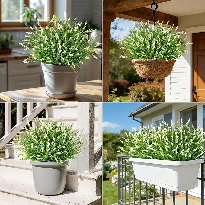 24 Bundles Artificial Plants Flowers Outdoor, Faux Lavender Flowers Fake Monkey Grass UV Resistant Plastic Plant for Porch Garden Patio Window Home Decor, White