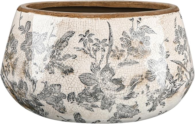 7.8 Inch Large Vintage Ceramic Planter Ice Crack Glaze Gray Lily Floral Flower Pot with Drainage Hole Rustic Decorative Plant Pots Gifts for Home Kitchen Office Indoor Outdoor Plants
