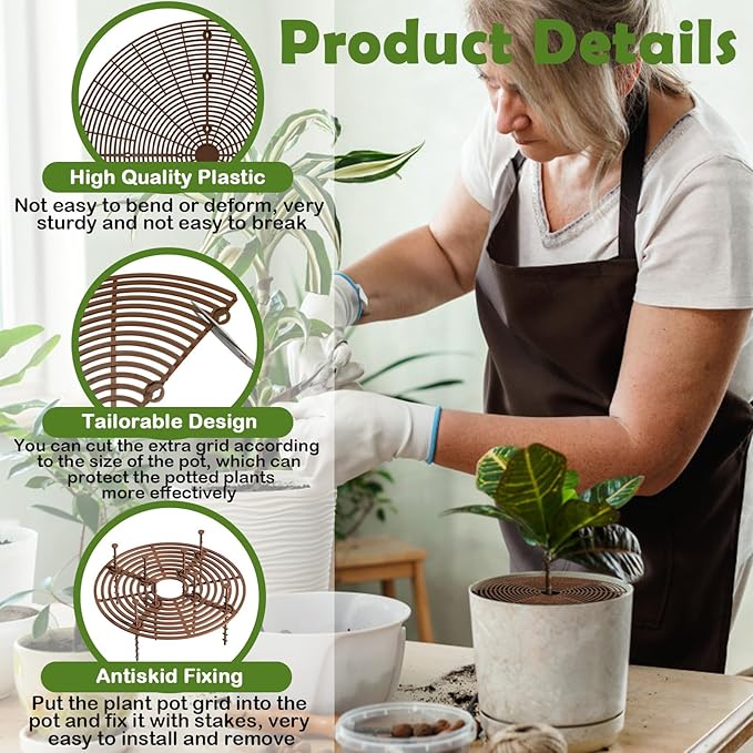 4Pcs Plant Pot Grid, Cuttable Flower Pot Soil Protector Covers, Planter Protector with 40 Deep Stakes, Dogs Cats Digging Stopper Baby Safety, 20.5 Inch 11.8 Inch Plant Grid Pot Cover
