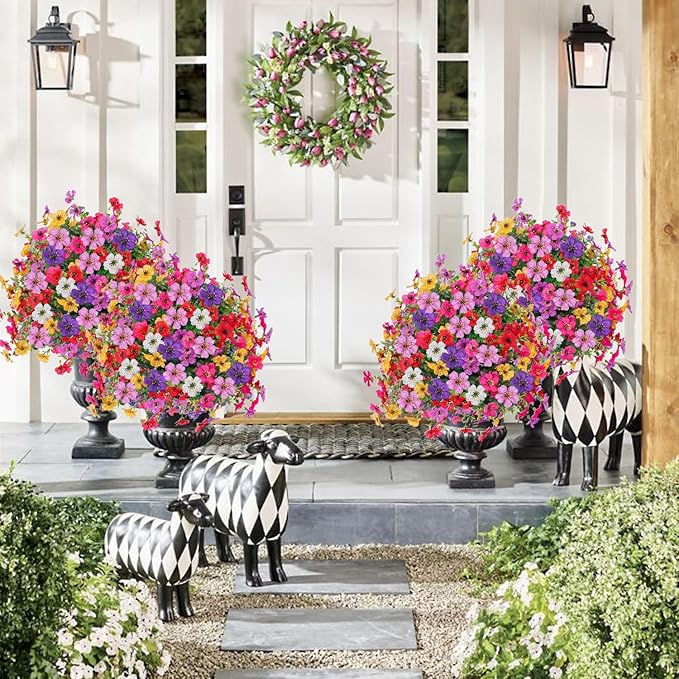 2 Pack Artificial Topiary Ball Tree with Ground Spike,23" Outdoor UV Resistant Fake Boxwood Bushes with Flower Violet,Shrub Faux Plants Evergreen Tree for Garden Porch Yard Patio Spring Decor
